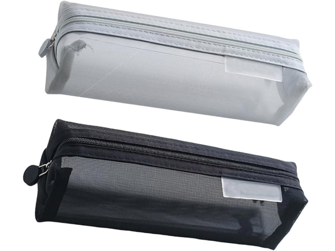 Estuches de malla transparente para lápices y organizador de material de oficina, gris y negro.