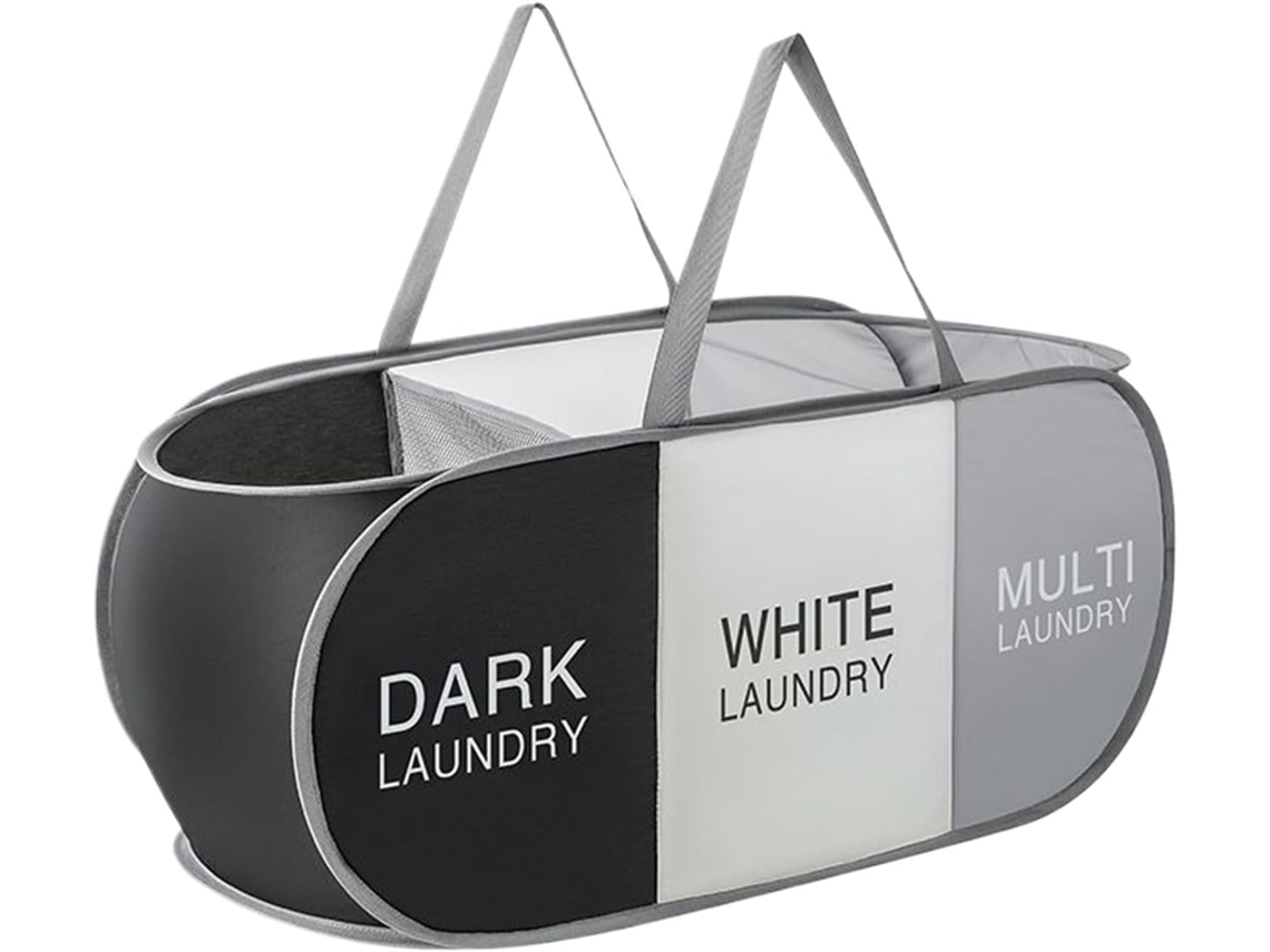 Cesta para la ropa estampada con 3 compartimentos, blanca/oscura, plegable y organizadora | Organizador de ropa Slowmoose Home