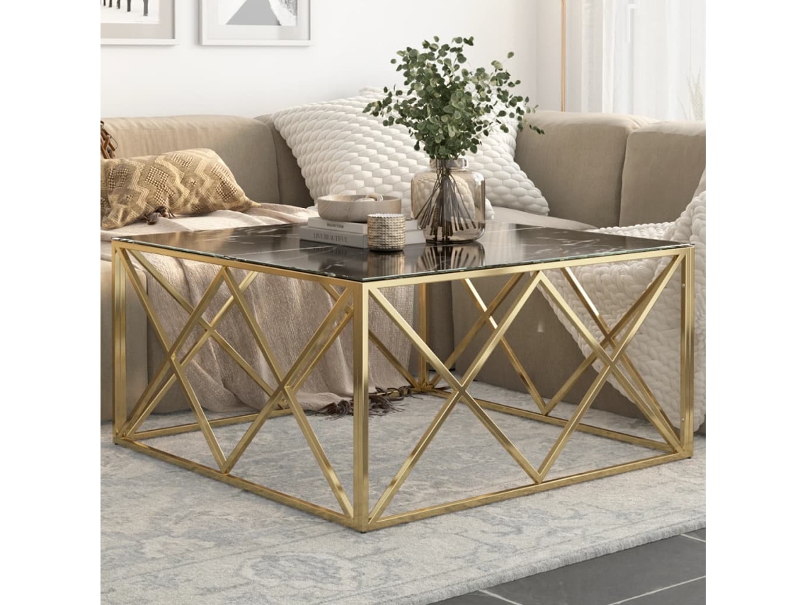 Mesa De Centro | Mesa De Café | Mesa De Salón Dorada Acero Inoxidable Y Vidrio Templado