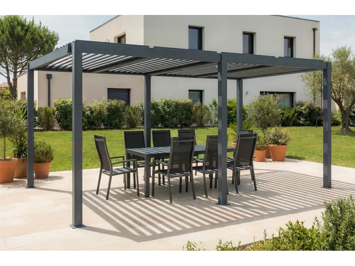 Pérgola Bioclimática Autoportante Agosta 5x3, 250 Cm De Altura - Aluminio Gris