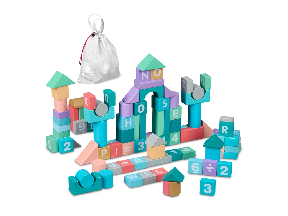 Blocos de Construção Relaxdays, Conjunto de 108 Peças com Bolsa, Letras, Números, Blocos de Madeira para Crianças a partir de 2 a 3 Anos