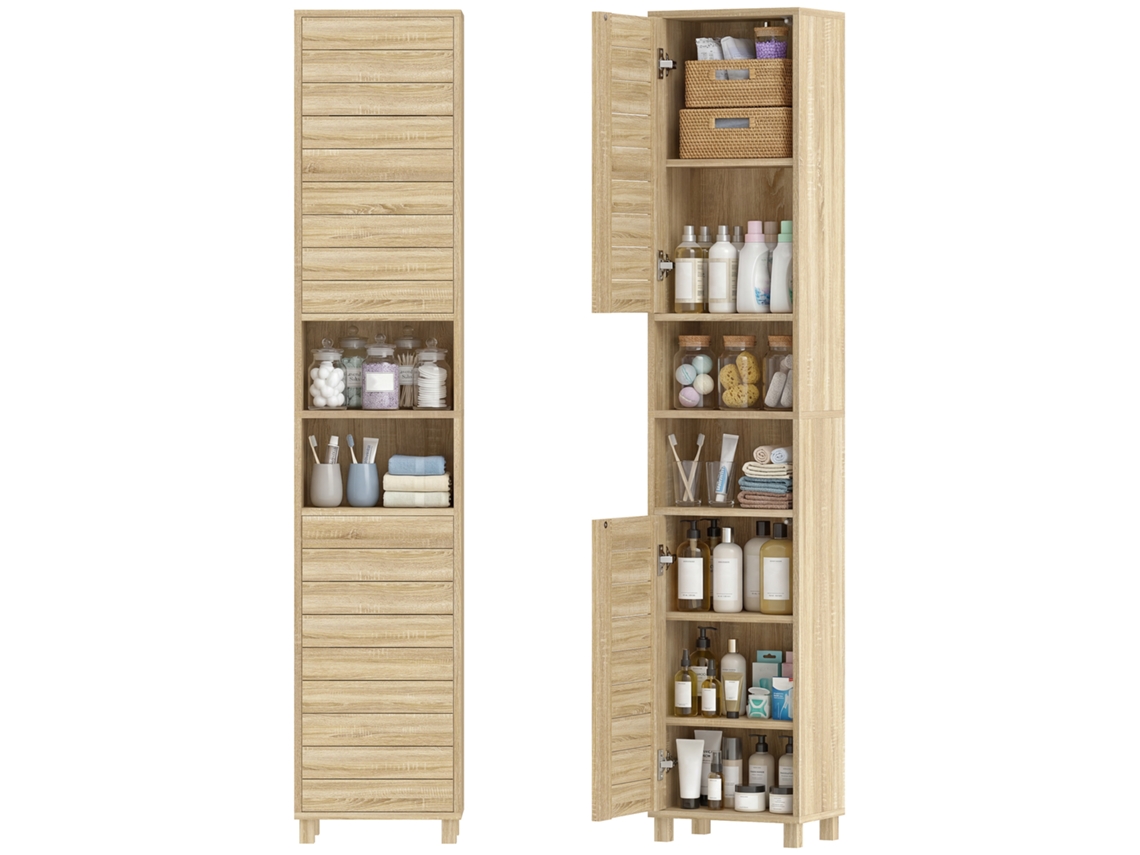 Armario Alto Para Baño Con Estantes Ajustables Puertas De Lamas Apertura Por Presión 34x23x170 Cm Natural