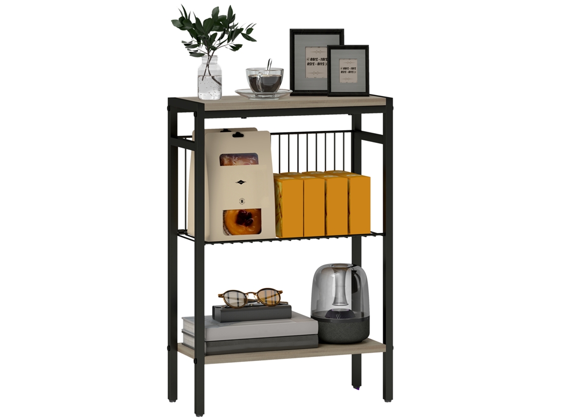 Mesa auxiliar/de entrada con 2 niveles, estante de almacenamiento y estructura de acero, Ø 41 x 49 cm, efecto madera natural.