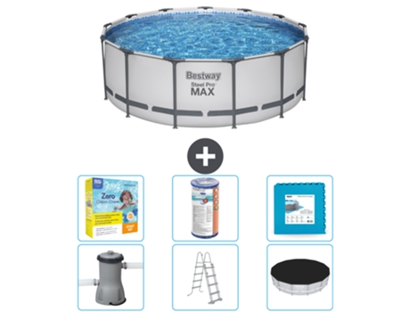 Piscina BESTWAY Round Steel Pro MAX - 396 x 122 cm - Gris - Bomba incluida - Escalera - Cobertor Paquete de mantenimiento - Filtrar - Baldosas