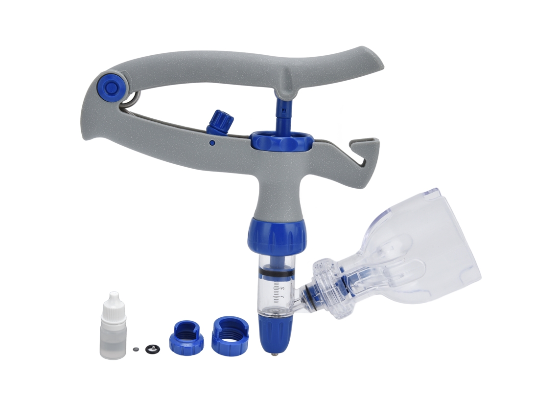 Jeringa continua ajustable de 5 ml para bovinos, ovinos, porcinos y uso veterinario.