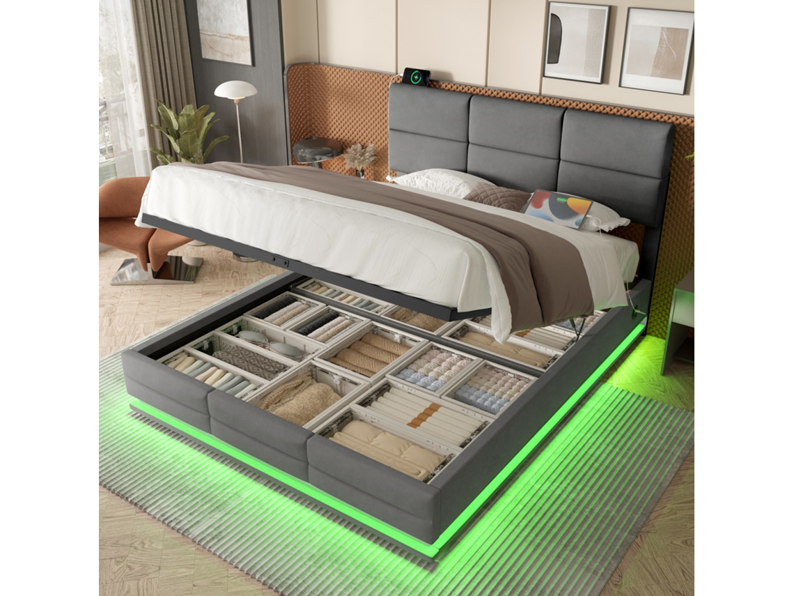 Cama Terciopelo Gris 160x200 Cm, Almacenamiento, Led, Usb-c, Cabecero Ajustable, Hidráulica, Sin Colchón.