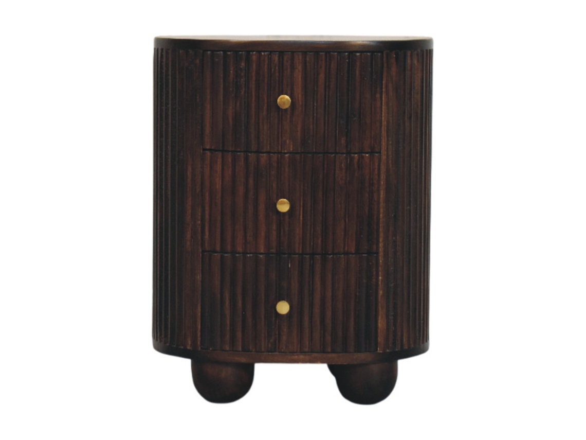 Cómoda curva de madera maciza acanalada, 3 cajones, marrón oscuro, ARTISAN FURNITURE EST 1995 TM