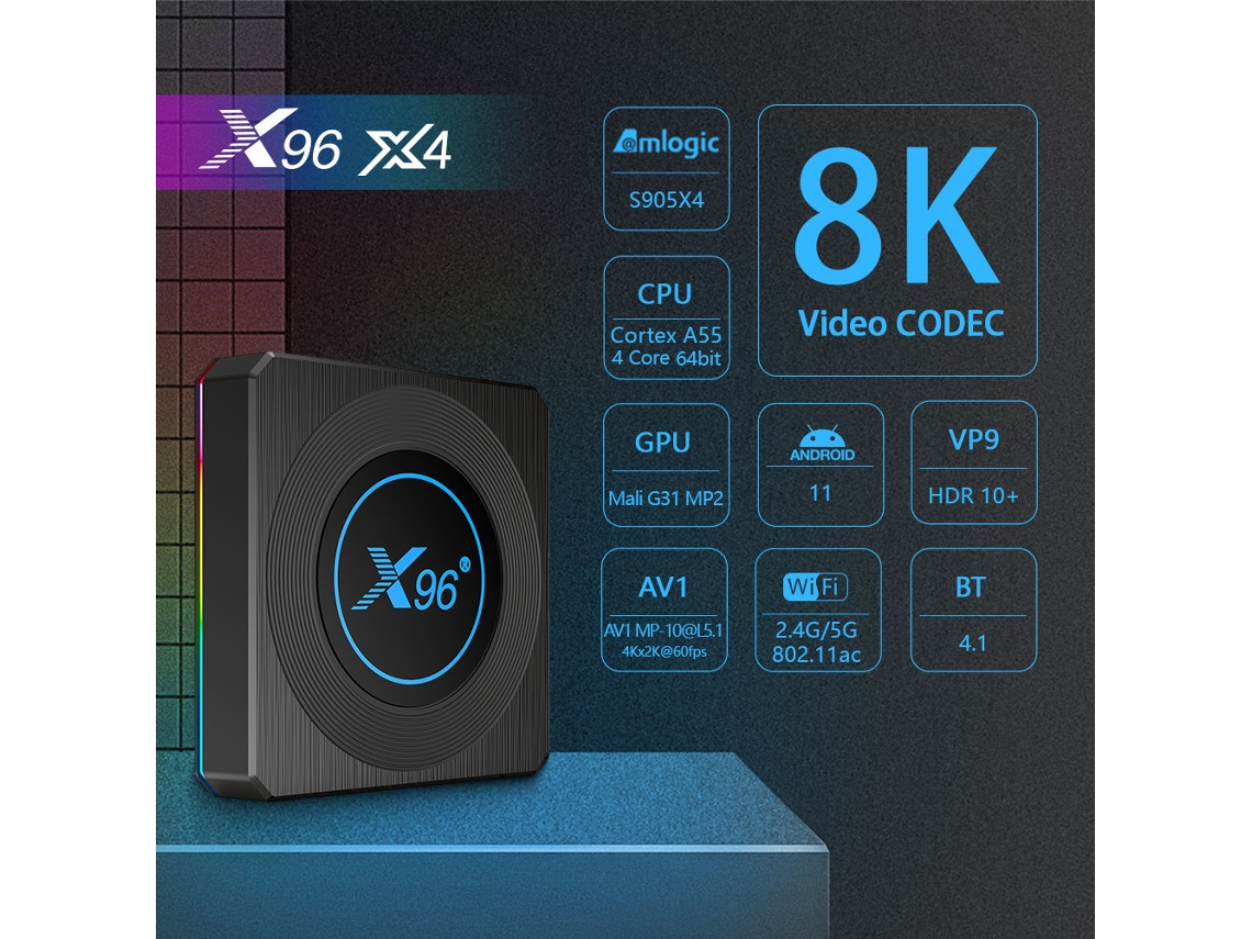 Caixa De Tv X96 X4 Amlogic S905x4, 4 Gb De Ram/64 Gb De Rom, Wi Fi 2.4g/5g 1000m Lan Bt4.0 8k H.265 Android 11.0 Bisbisous (negro)