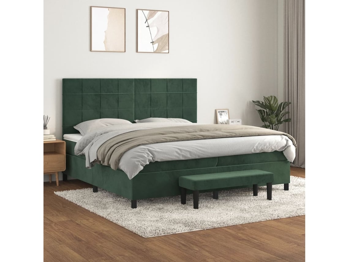 Cama Box Spring Con Colchón Terciopelo Verde Oscuro 200x200 Cm