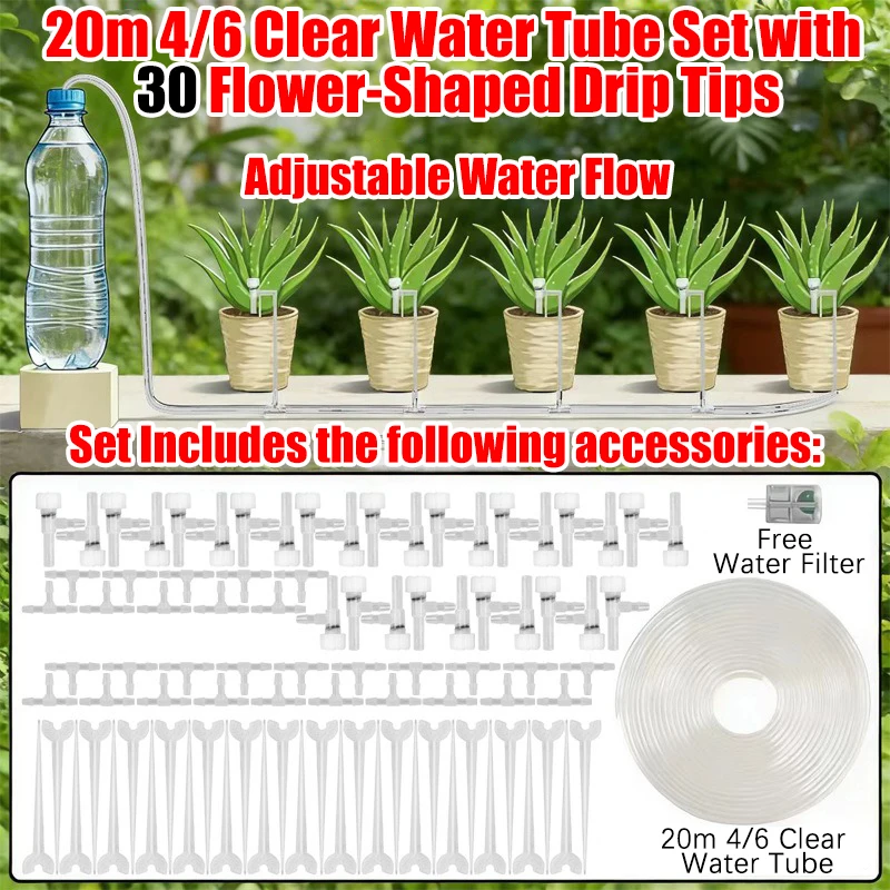 (manguera De 20 Metros, 30 Reguladores) Kit De Riego Por Goteo Para Jardín, Manguera De 4/7 Mm, Microgoteros