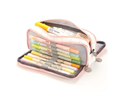Estuche De Lápices De Gran Capacidad Con Múltiples Bolsillos Y Doble Apertura, Bolso De Papelería Bonito Para Estudiantes Escolares Rosa Blanco