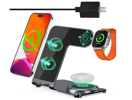 Cargador inalámbrico, soporte de estación de carga 3 en 1 de aleación de aluminio para Apple iPhone/iWatch/Airpods, mesita de noche de escritorio C...