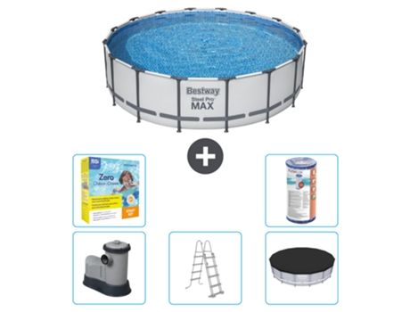 Piscina BESTWAY Round Steel Pro MAX - 488 x 122 cm - Gris - Bomba incluida - Escalera - Cobertor Paquete de mantenimiento - Filtrar