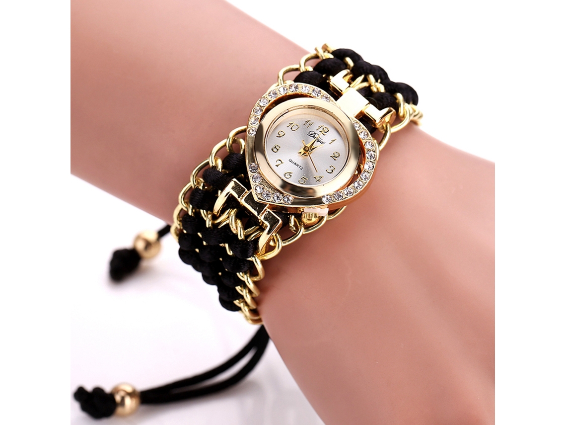 Reloj De Pulsera Para Mujer Con Brazalete De Corazón Con Diamantes De Imitación, Movimiento De Cuarzo, Analógico, Negro.