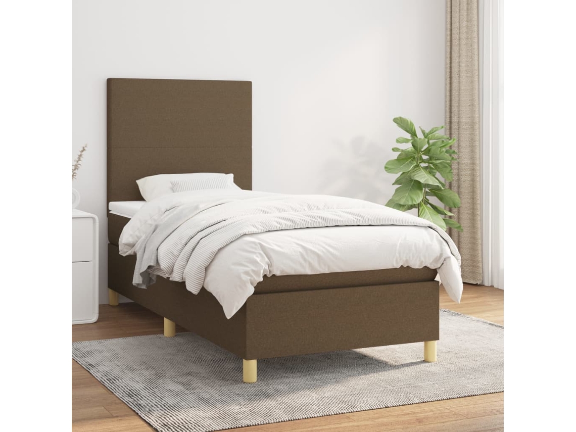 Cama Box Spring Con Colchón Tela Marrón Oscuro 80x200 Cm