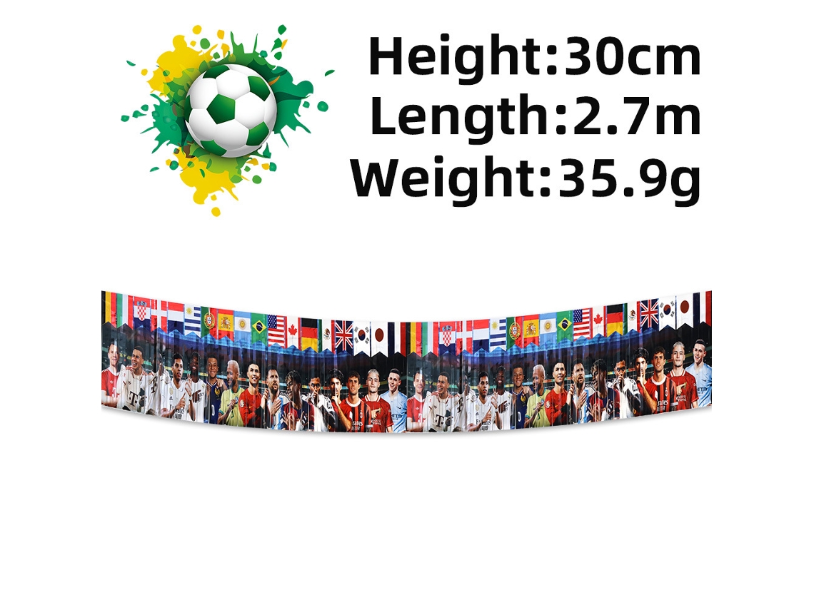 Bandera decorativa creada para celebrar la Copa Mundial de 2026, con estrellas del fútbol y banderas nacionales impresas en ella.