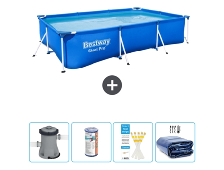 Piscina BESTWAY rectangular Steel Pro - 300 x 201 x 66 cm - Azul - Bomba incluida Filtrar - Tiras de prueba - Vela solar