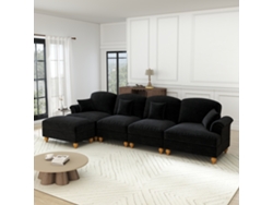 Sofá Modular L 4 Plazas - Chenille, Brazos Cónicos, Faldón Extraíble, Patas Torneadas, Puf - Negro