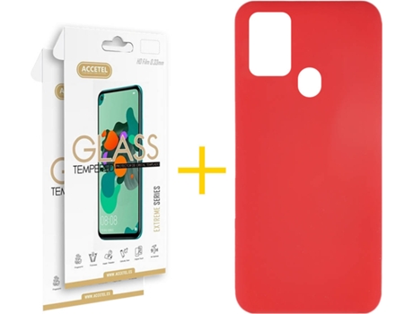 Funda y Protector de Vidrio 2 x Samsung Galaxy A21s ACCETEL Silicona Líquida Rojo