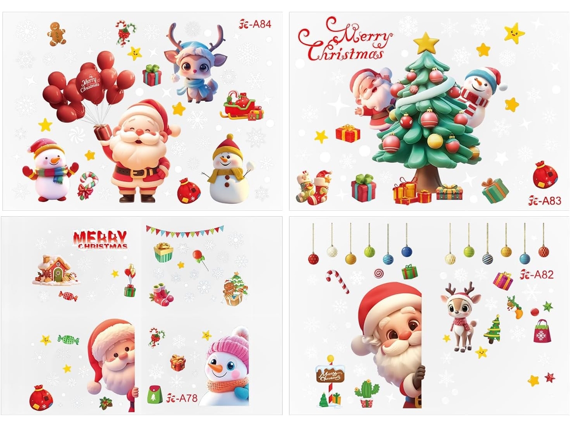 Pegatinas De Invierno Para Ventanas | Decoraciones Removibles Para Fiestas, Pegatinas De Papá Noel Y Copos De Nieve
