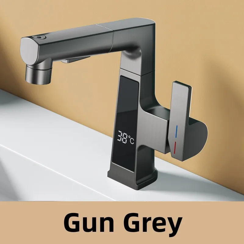 Grifo De Baño Led (gris Plomo), Pantalla Digital Para Agua Caliente Y Fría, Mecanismo De Elevación Extraíble.
