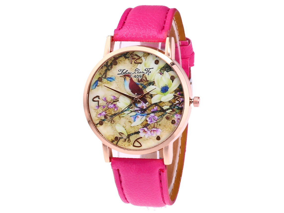 Reloj De Pulsera De Cuarzo Con Correa De Pu Patrón Flor Y Ave Zhoulianfa Rojo Rosa