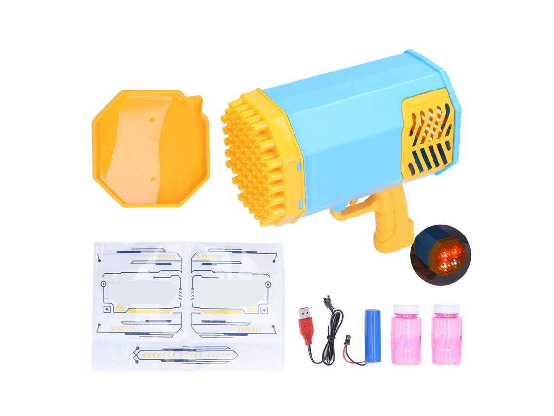 Máquina de burbujas 2026 de 69 agujeros con luz, portátil, para regalo de cumpleaños infantil, color amarillo y azul.