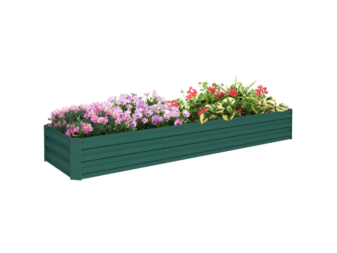 Macetero rectangular de acero galvanizado para jardinería urbana con base abierta, 240x60x30 cm, verde.