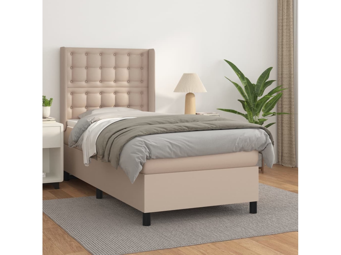 Cama Box Spring Con Colchón Cuero Sintético Capuchino 90x200 Cm