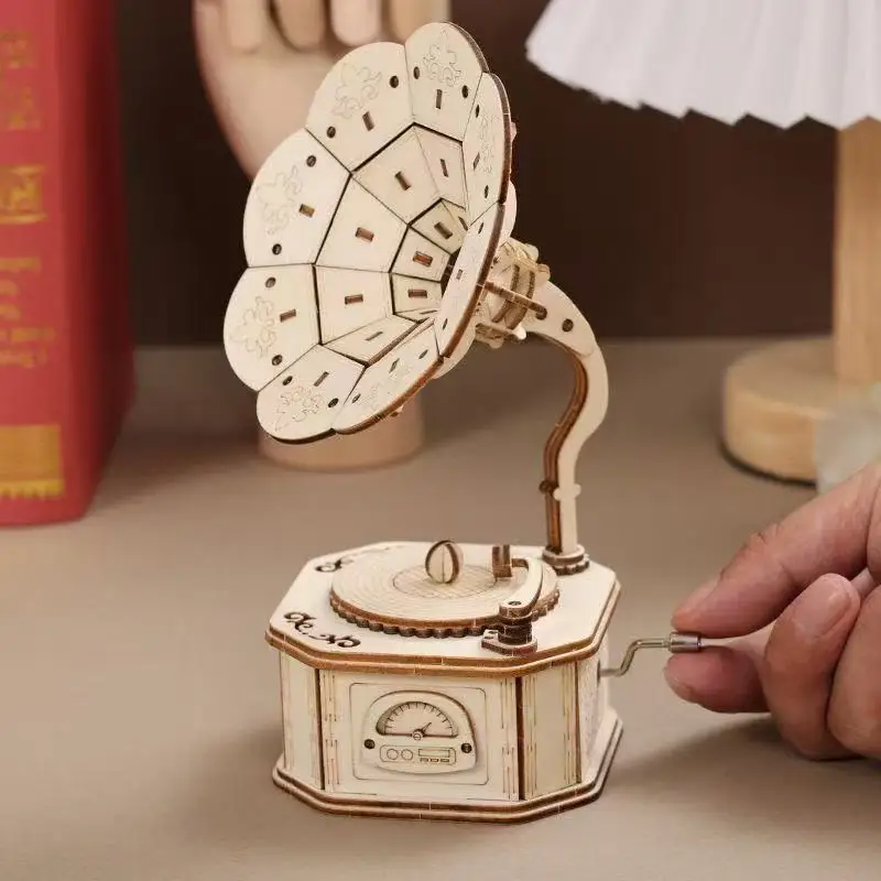 Kit de rompecabezas de madera 3D para armar un fonógrafo: un regalo divertido y educativo para hacer tú mismo.
