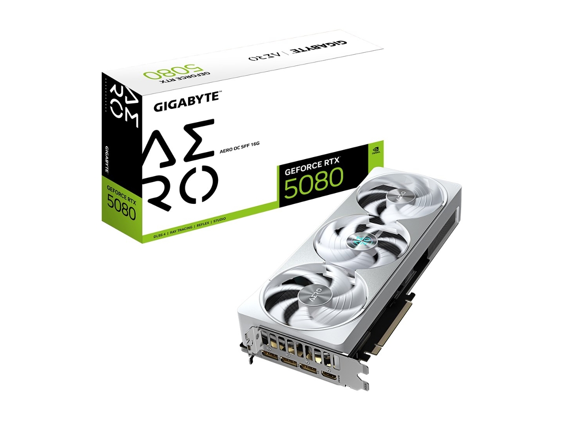 Tarjeta gráfica GeForce RTX 5080 Aero Oc Sff 16 GB, GDDR7, 256 bits, PCI E 5.0, reloj de núcleo de 2730 MHz, pantalla triple Gigabyte