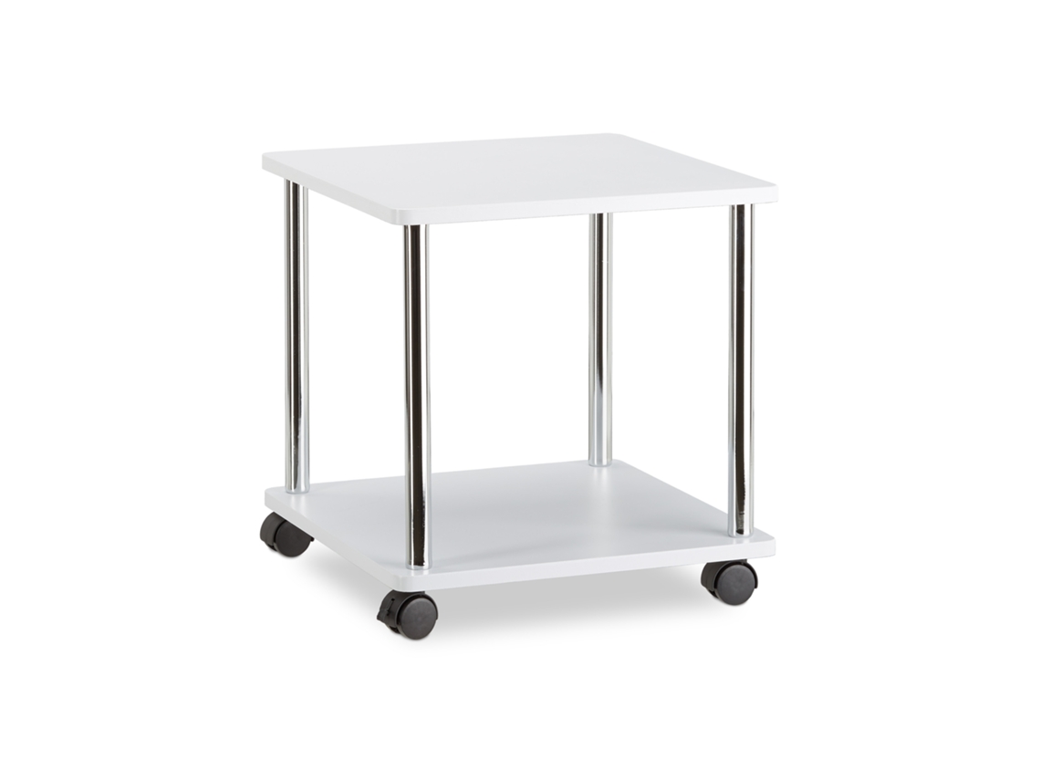 Relaxdays Mesa Auxiliar Pequeña Con Ruedas, Madera-acero Inoxidable, Blanco, 41.5 X 40 X 40 Cm