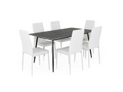 Mesa de comedor de 180 cm, gris oscuro, con 6 sillas de polipiel blanca. Ofertas disponibles.