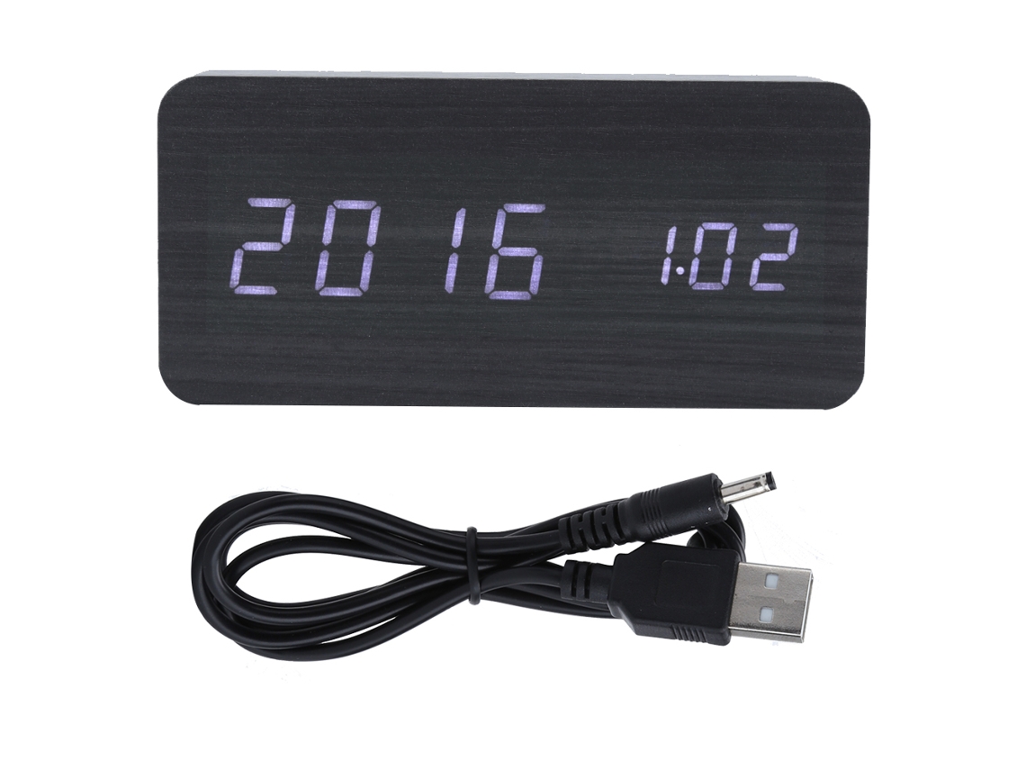 Reloj despertador digital LED de madera con control de voz, reloj electrónico de mesa rectangular con temperatura, cerradura blanca y lámpara.