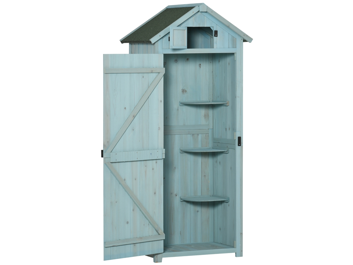 Armario De Jardín Con Estantes Y Ventanas, Caseta De Herramientas De Madera, 77 X 54,2 X 179 Cm, Techo Asfáltico, Azul Claro Y Verde