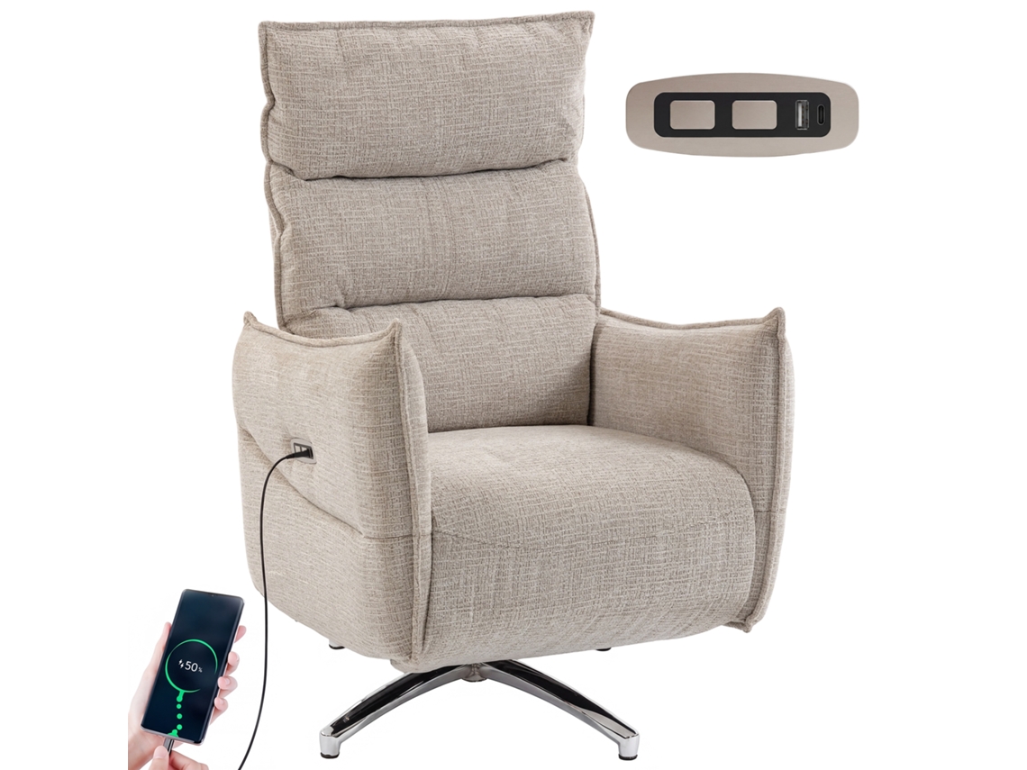 Sillón reclinable giratorio eléctrico color beige, tapizado en lino, con puerto USB.