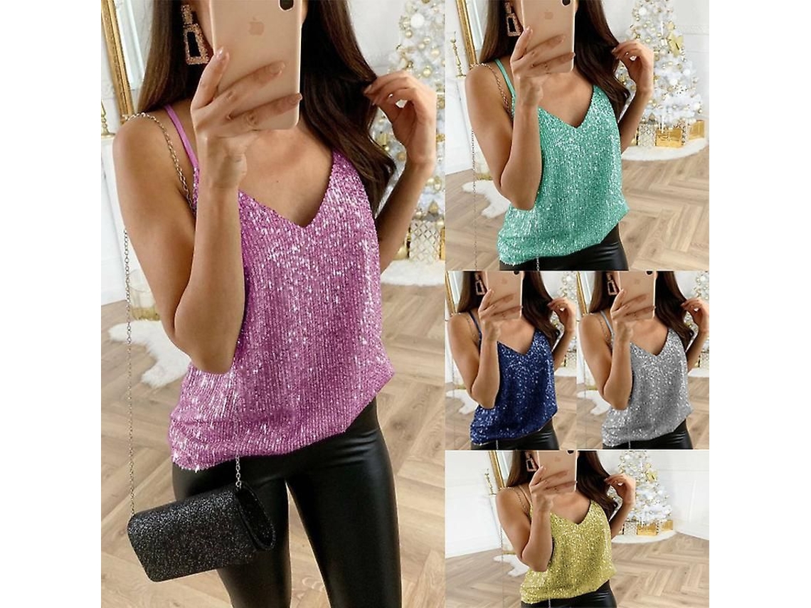 2026-top Sin Mangas Para Mujeres Con Glitter Y Lentejuelas Cuello V Moda Sexy Verano Polyester