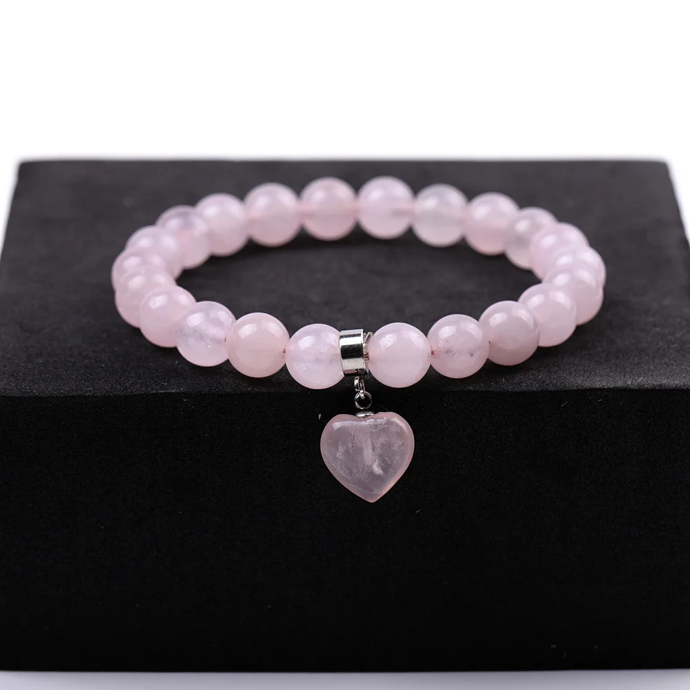Pulsera de mujer con colgante de corazón en cuarzo rosa, piedra preciosa natural. MDUG (cristal rosa)