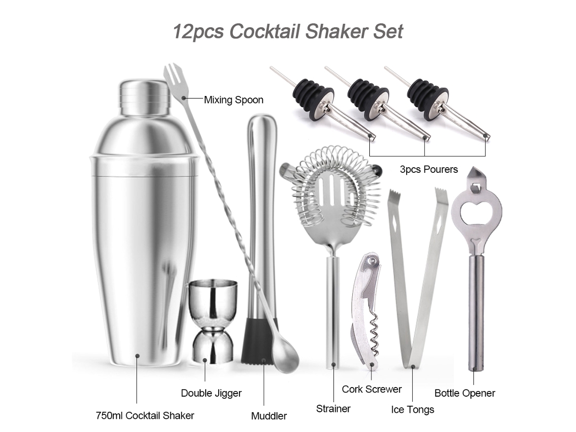 Juego De Bar De 12 Piezas: Coctelera De Acero Inoxidable De 750 Ml Con Soporte.