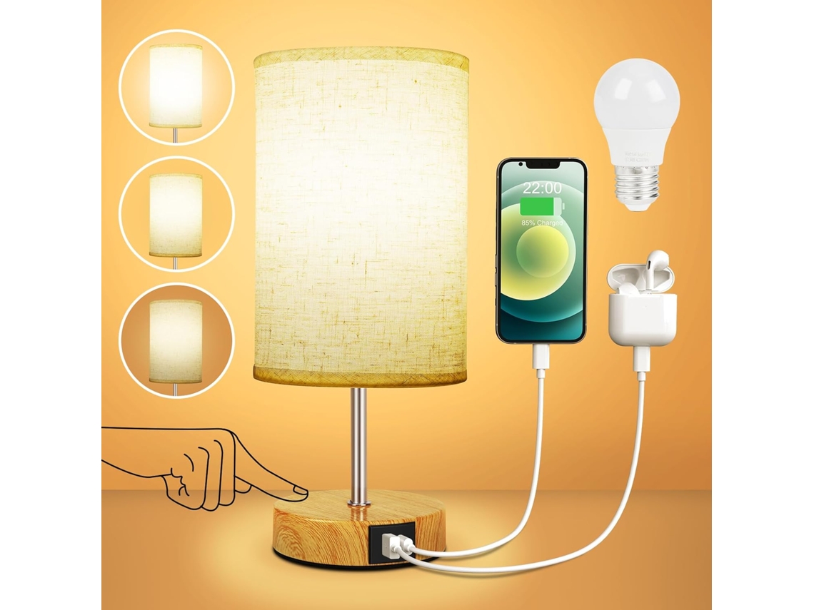 Candeiro Mesa Táctil Atenuable, Usb A+c, Base Madera