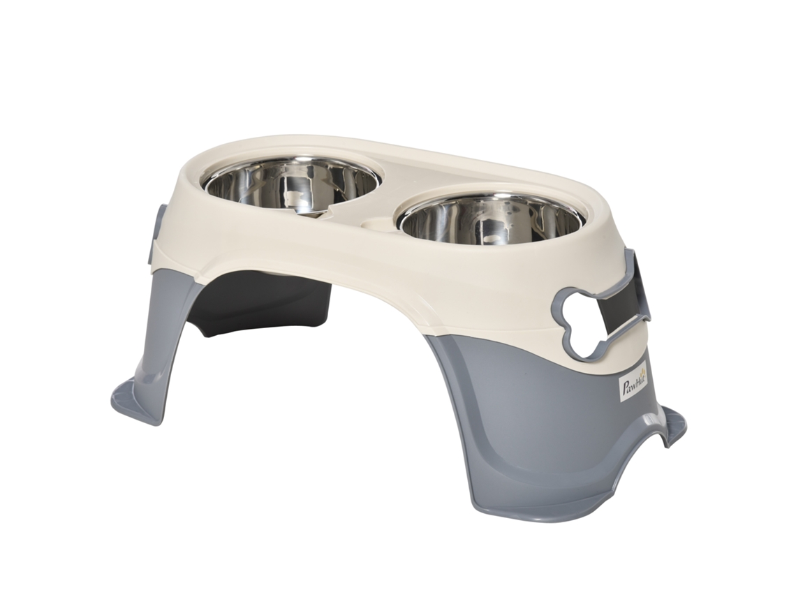 Comedero Doble Elevado Para Perros, De Acero Inoxidable Y Plástico Con Patas Antideslizantes, 47x25x20 Cm, Blanco Y Gris.