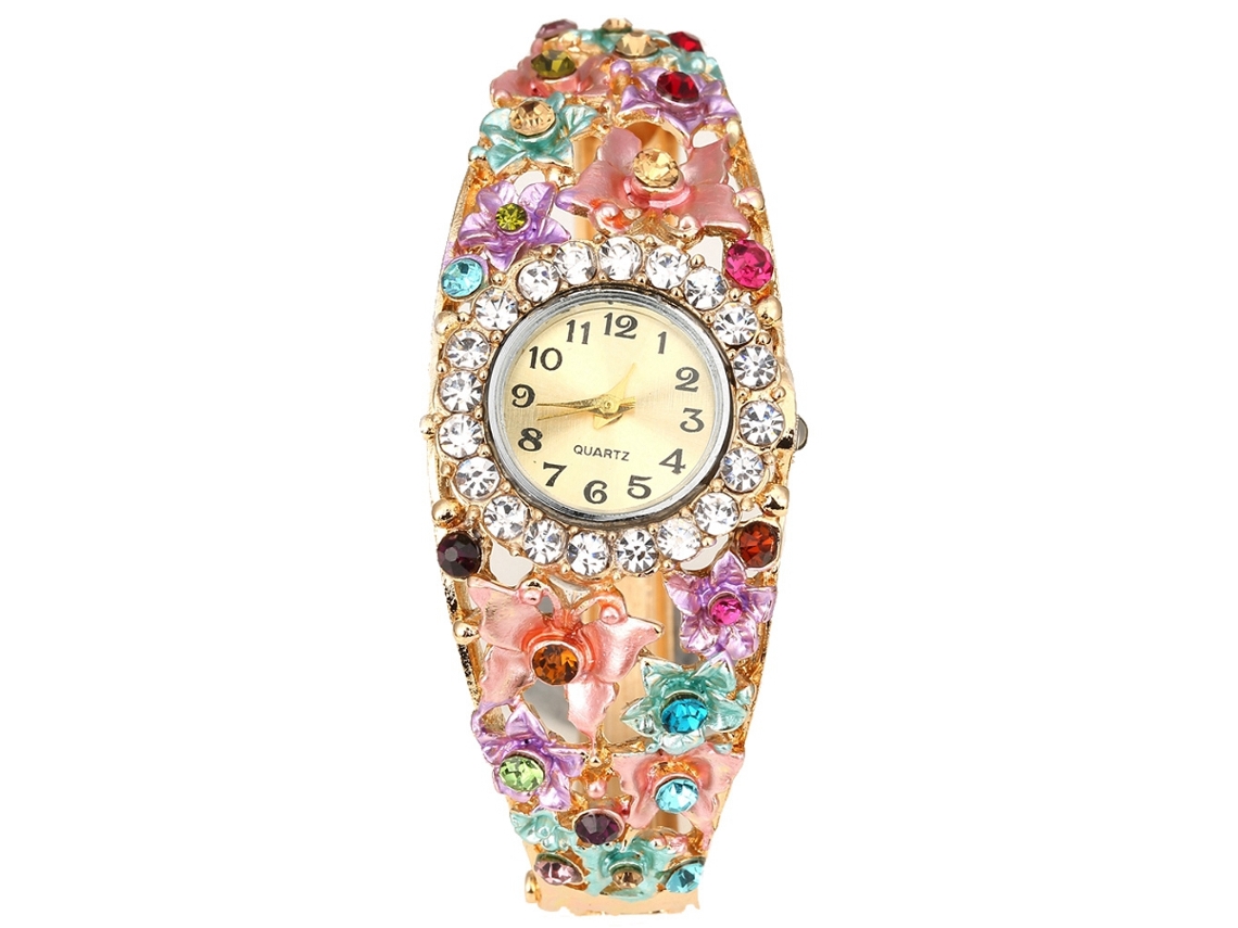 Reloj De Pulsera De Cuarzo Para Mujer Con Diamantes De Imitación Y Estampado Floral, Elegante Correa De Aleación.