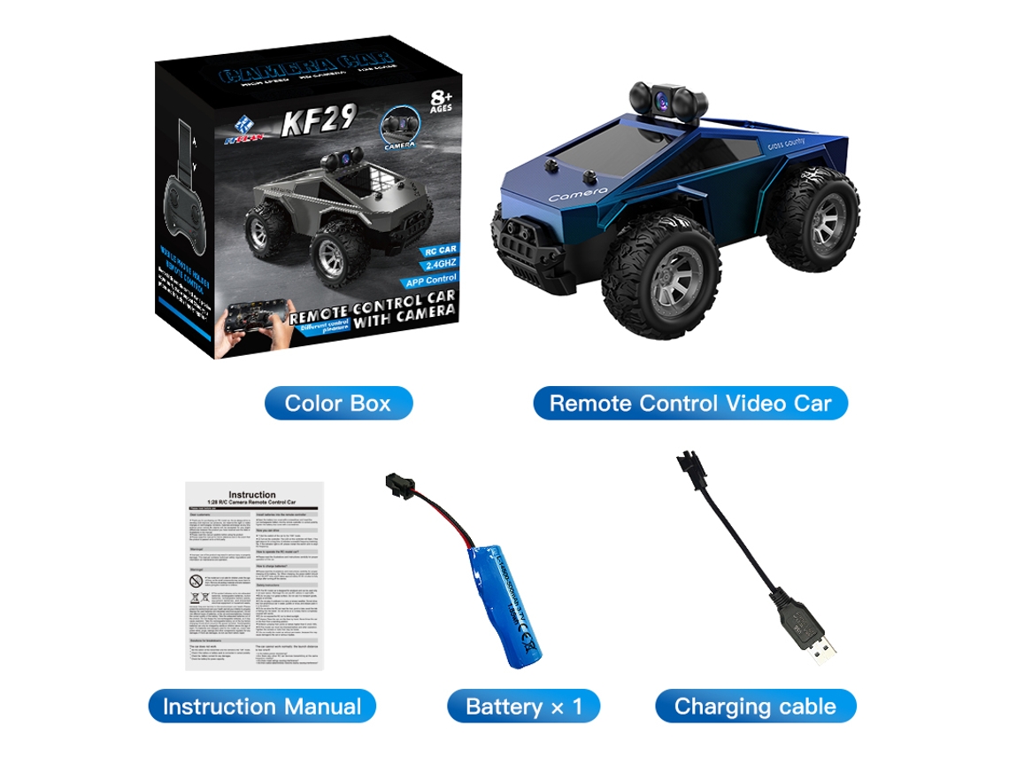 Coche RC 1/28 Kf29 con cámara, simulación de Cybertruck, wifi 2.4G, vehículo de alta velocidad, azul. Aeuzwr