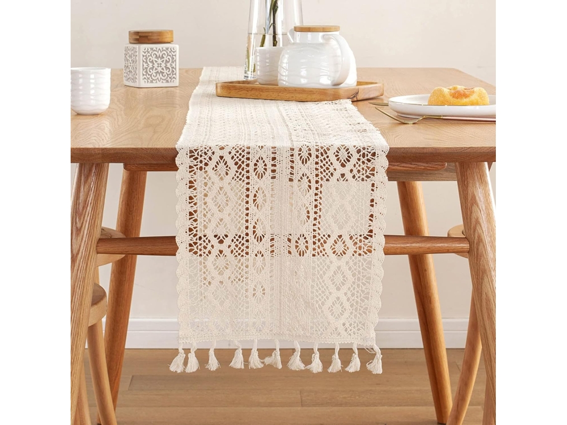 Camino De Mesa De Macramé, Color Beige, Con Borlas, 24 X 180 Cm