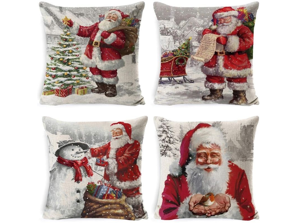 4 Fundas De Almohada Navideñas De Lino Y Algodón De 45x45 Cm Con Estampados Navideños Para Coches Y Sofás.
