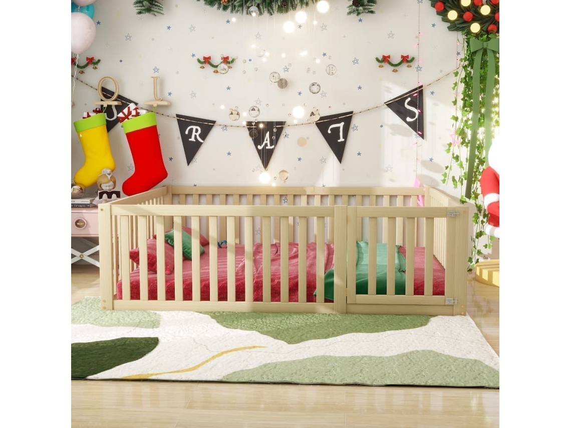 Cama Infantil 140x200cm De Madera Maciza Con Barrera De Seguridad - Natural