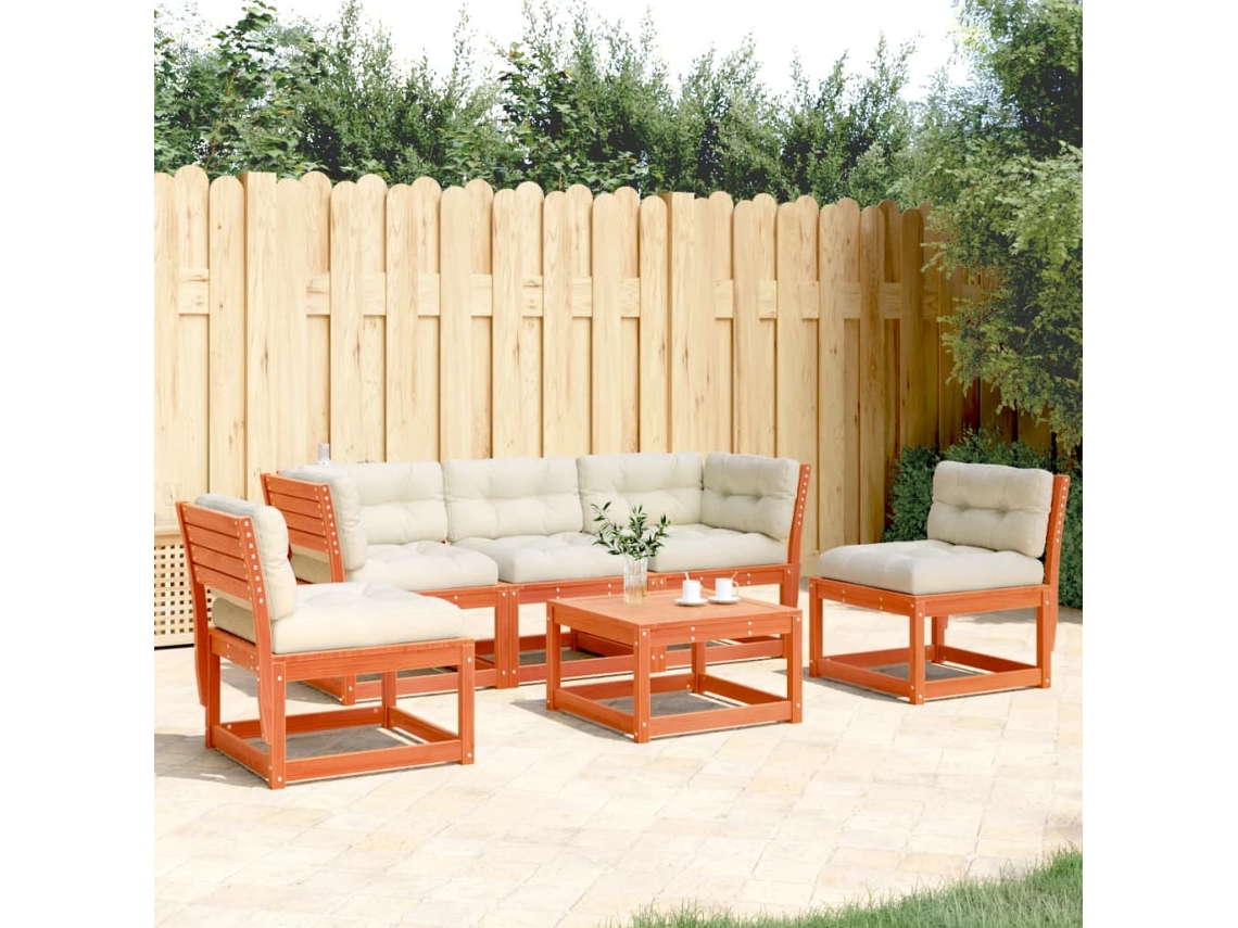 Conjunto 5pcs Sofás Jardim Almofadões Pinho Maciço Castanho Mel Dkd Home Decor
