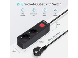 Aigostar Regleta de Enchufes, Alargador con 2 Tomas con Interruptor, Cable de 5 Metros, Negro.
