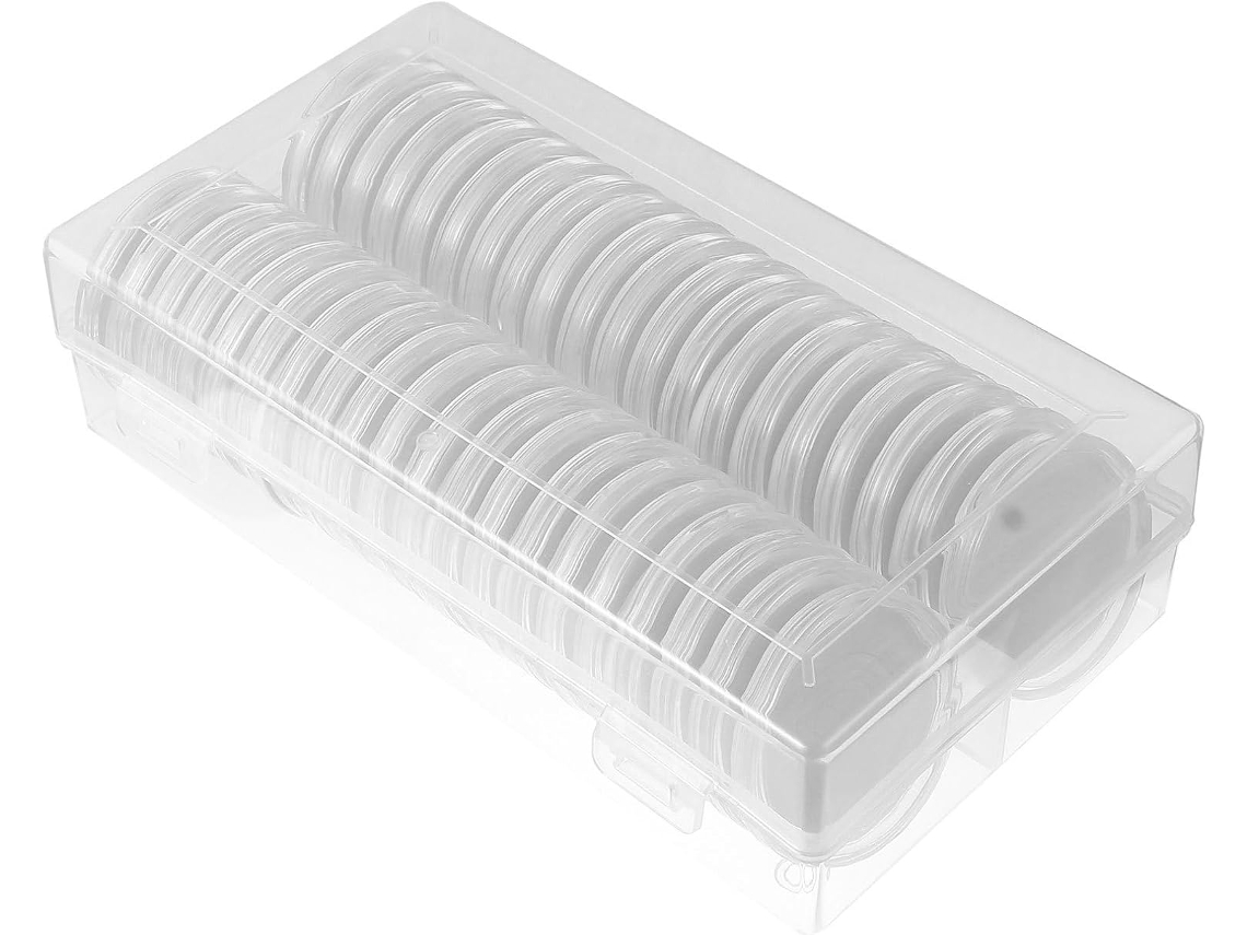 Caja de plástico para almacenar 40 cápsulas redondas para monedas con cierre protector.