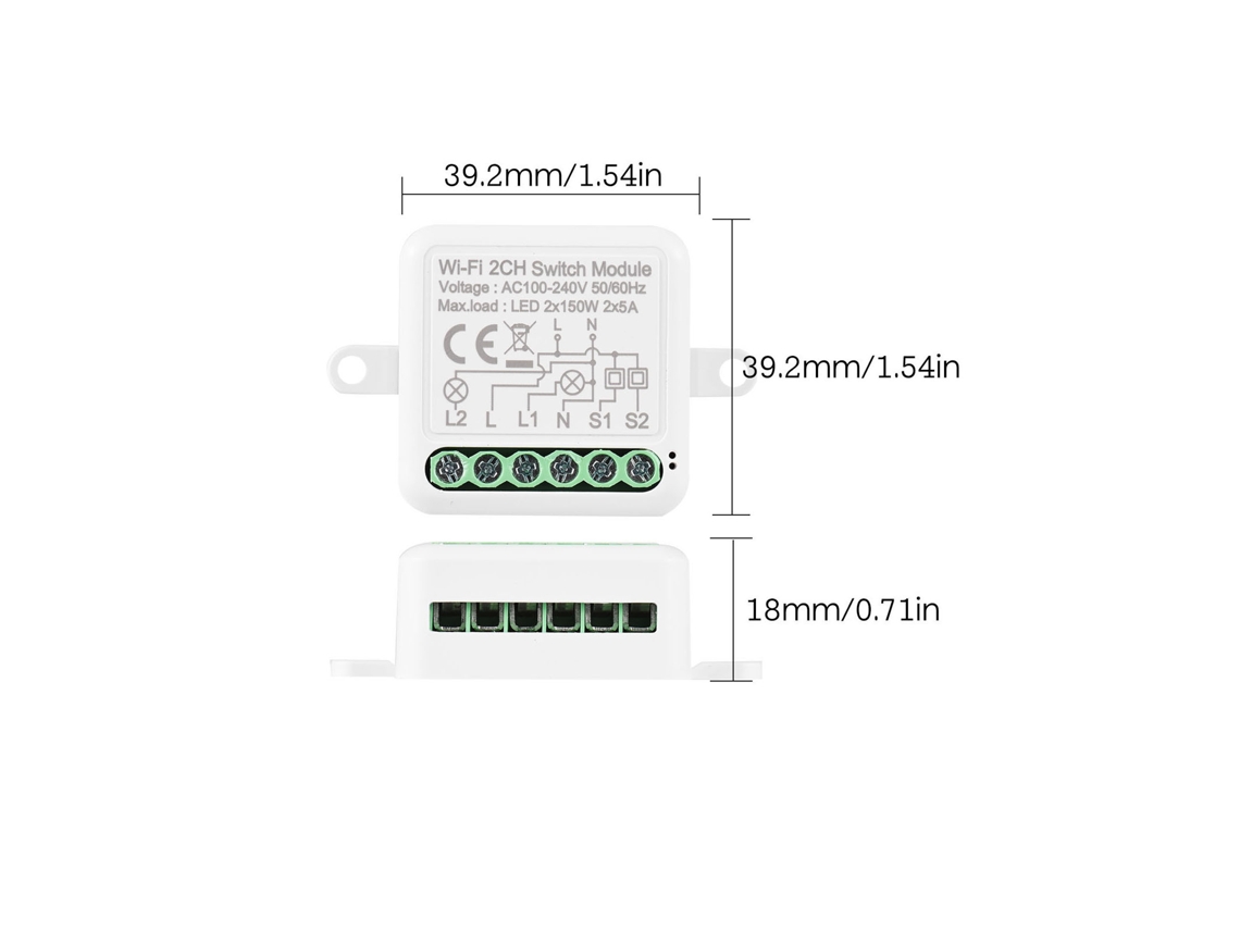 Módulo de interruptor mini WiFi de 2 canales con control por voz, aplicación y temporizador